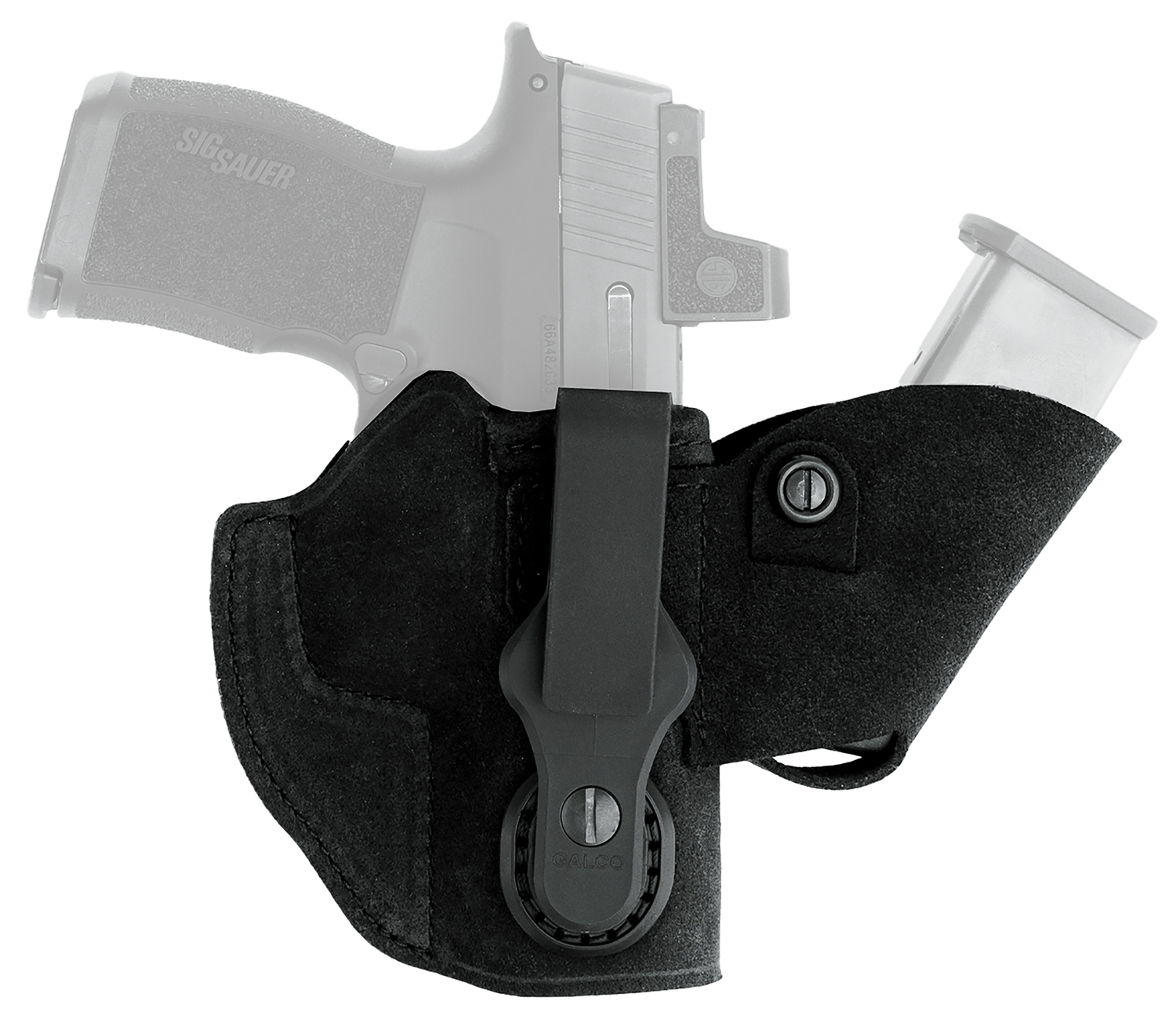 Handgun in black holster with spare magazine