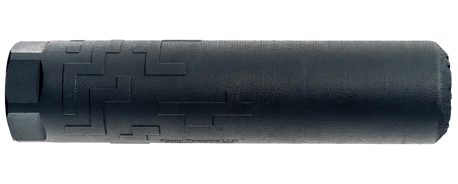 Black cylindrical firearm suppressor with textured pattern