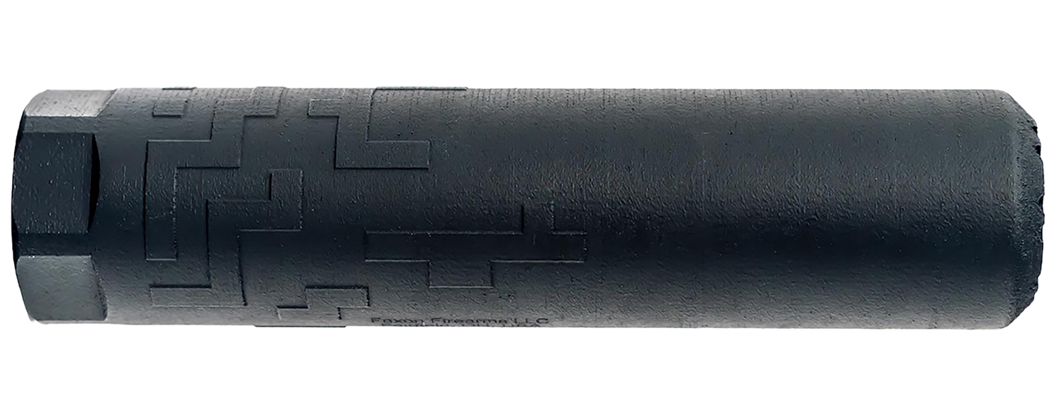 Black cylindrical firearm suppressor with textured pattern