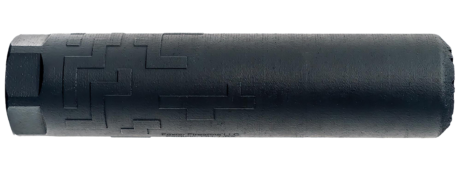 Black cylindrical firearm suppressor with textured pattern