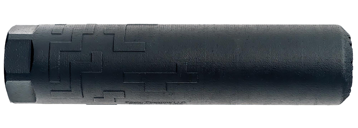 Black cylindrical firearm suppressor with textured pattern