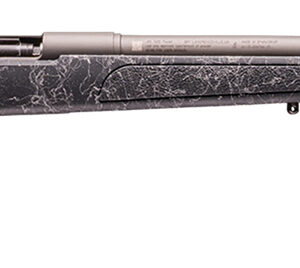 Bolt-action rifle with synthetic stock on white background