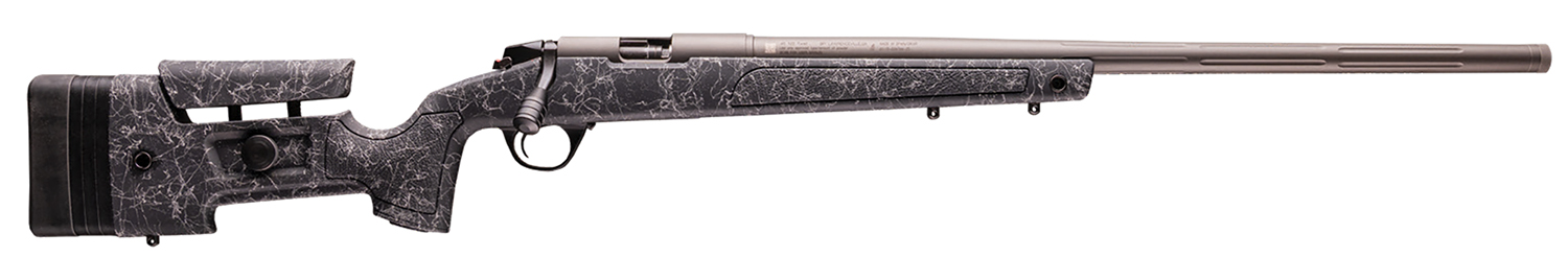 Bolt-action rifle with synthetic stock on white background