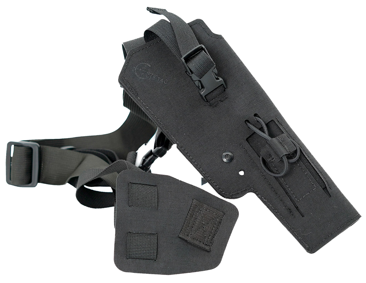 Black tactical thigh holster with adjustable straps