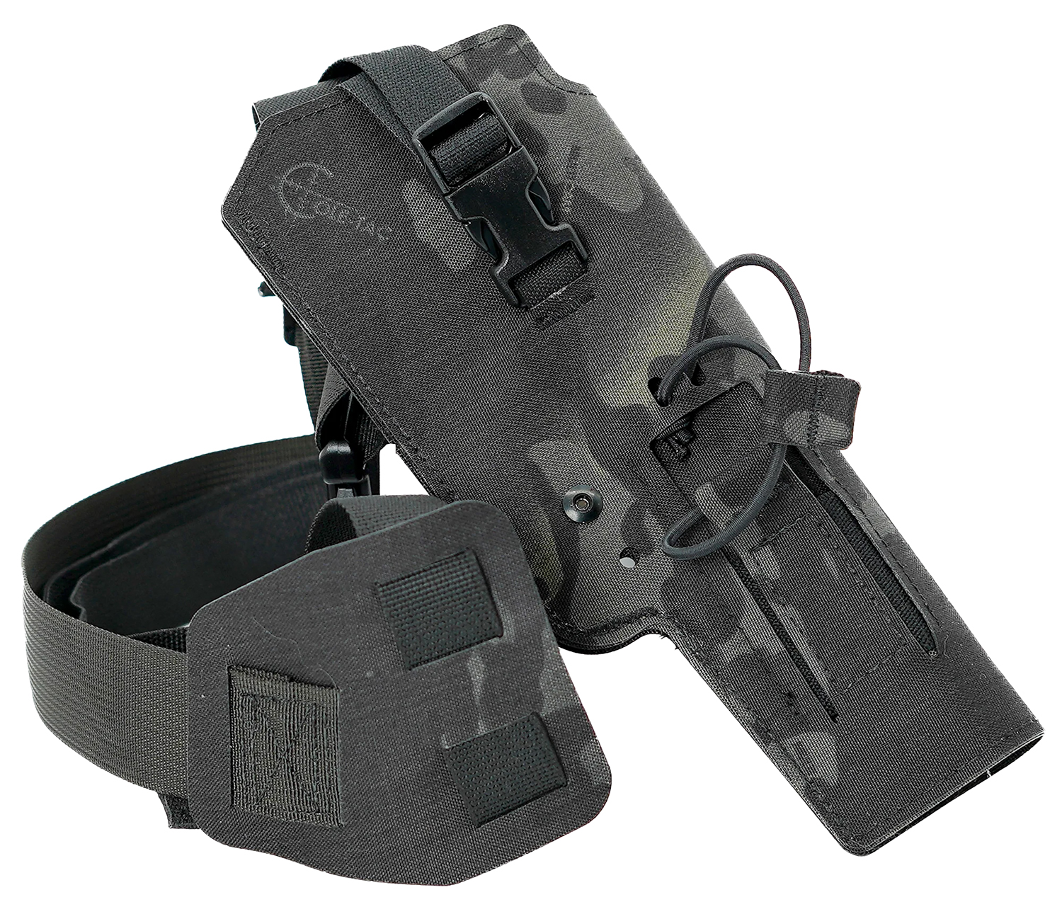 Black tactical thigh holster with adjustable straps