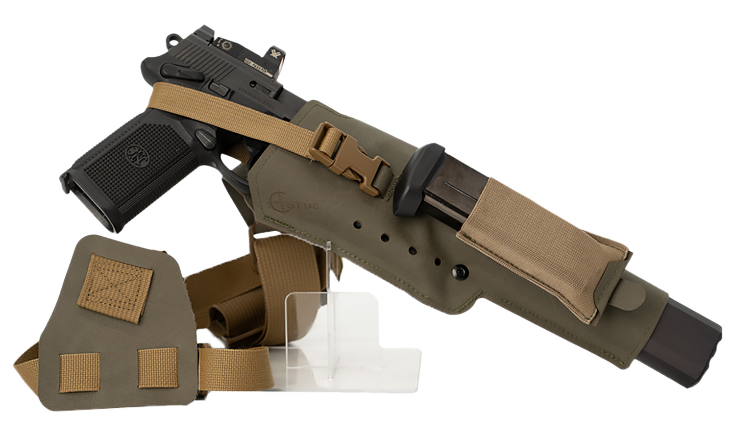 Handgun in tactical thigh holster with strap