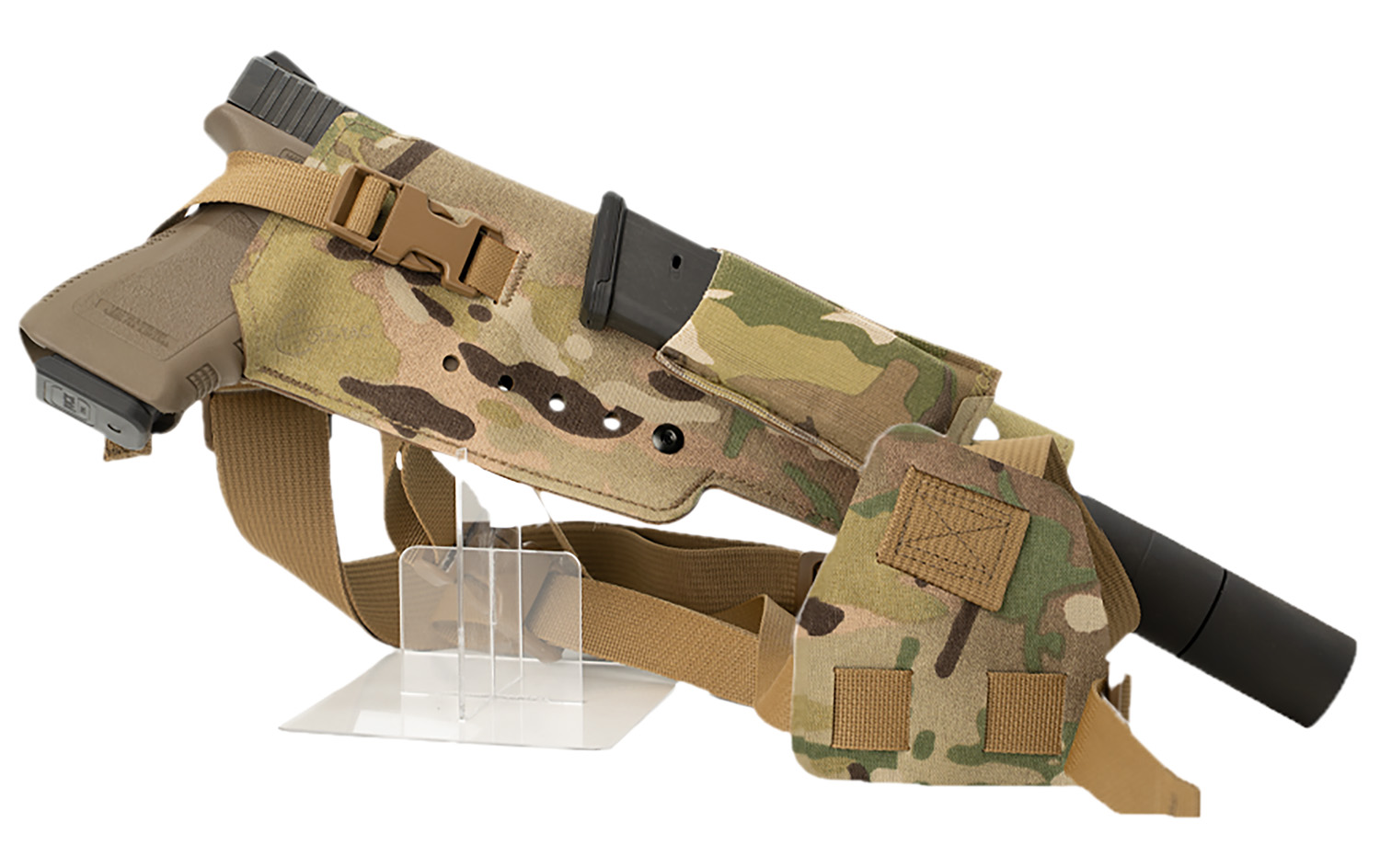 Camouflage shoulder holster with handgun and suppressor