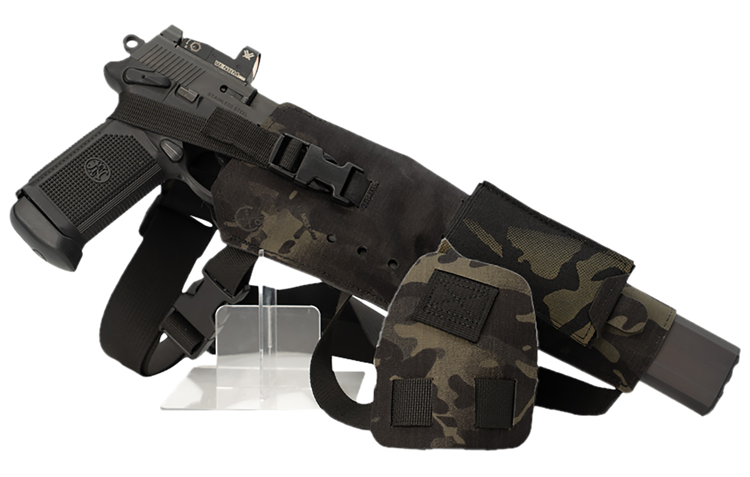 Handgun with camouflage brace and extended magazine