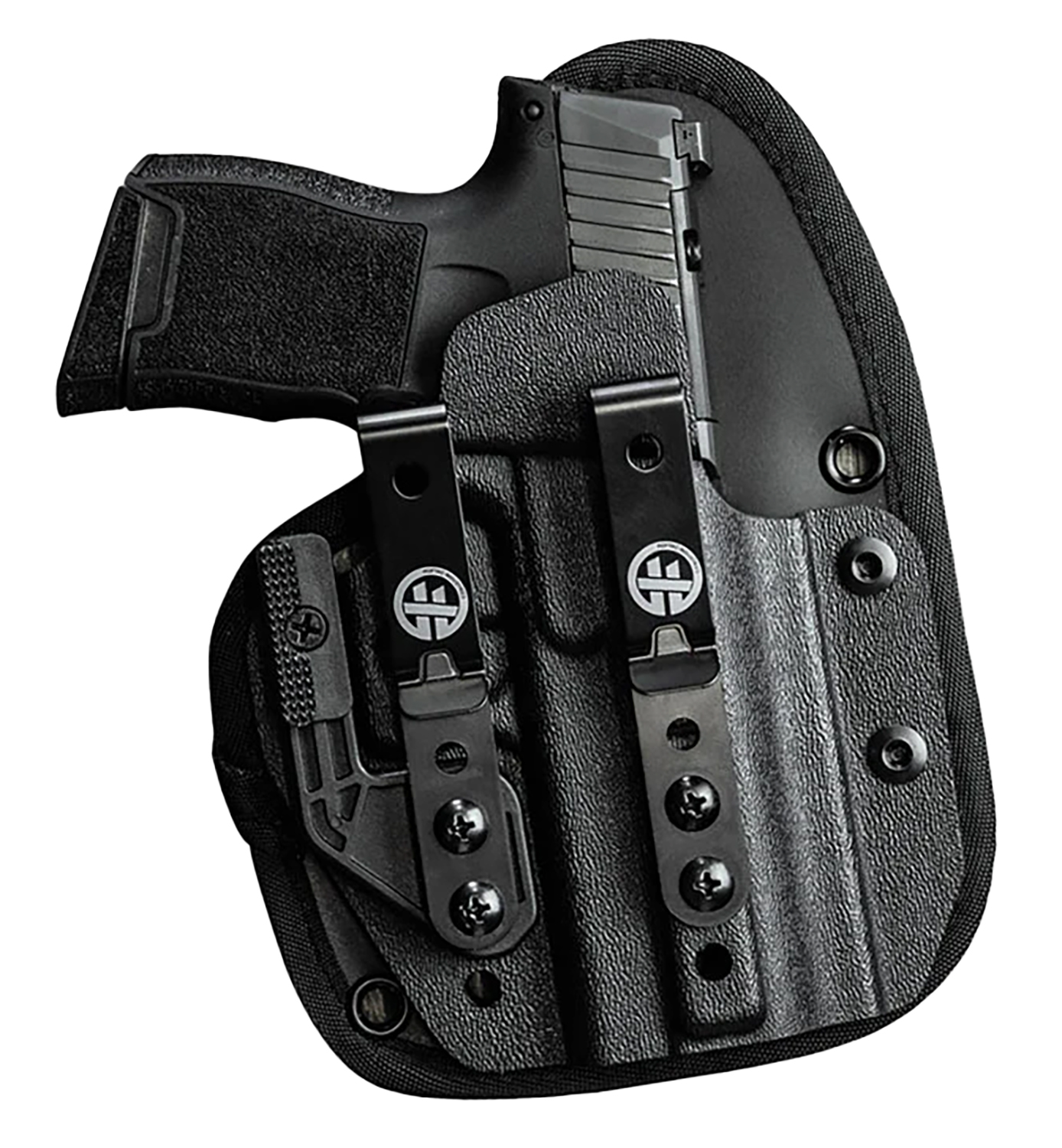 Black handgun in molded Kydex belt holster