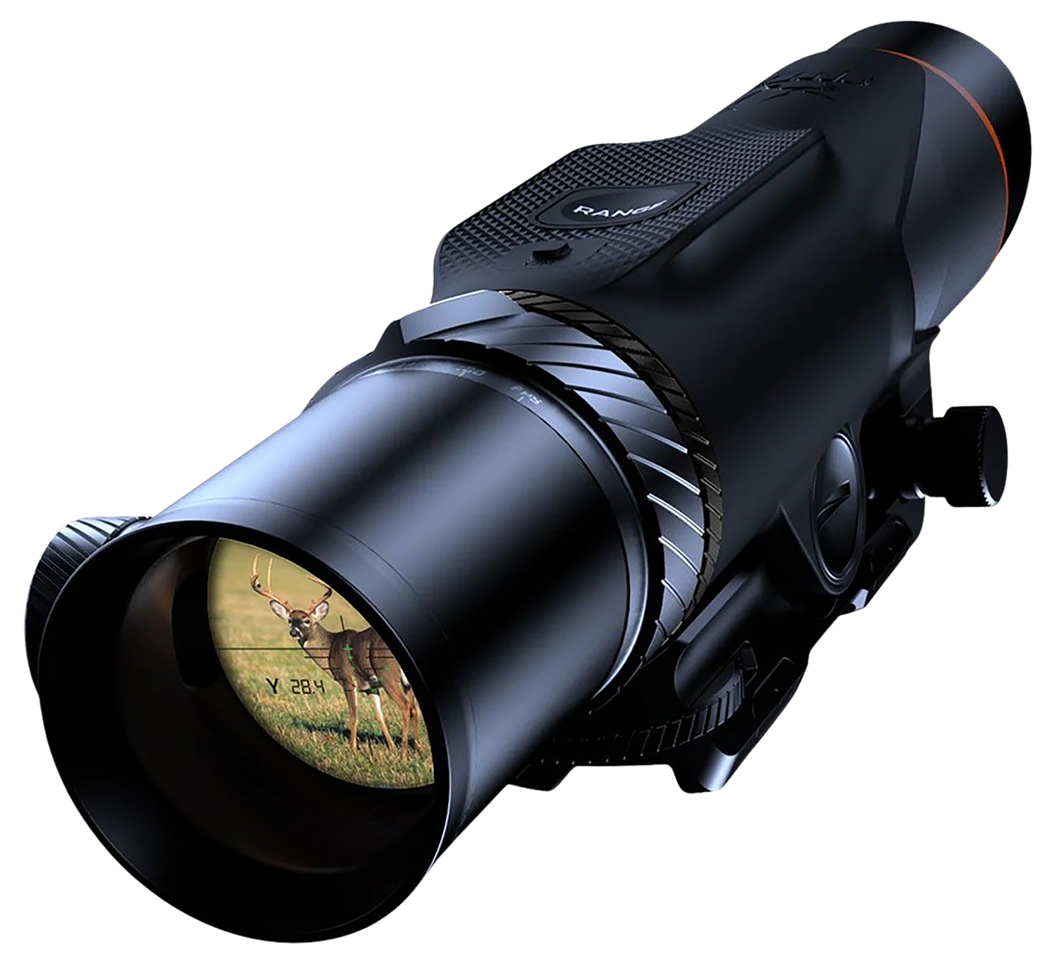 Black handheld monocular rangefinder with deer in lens
