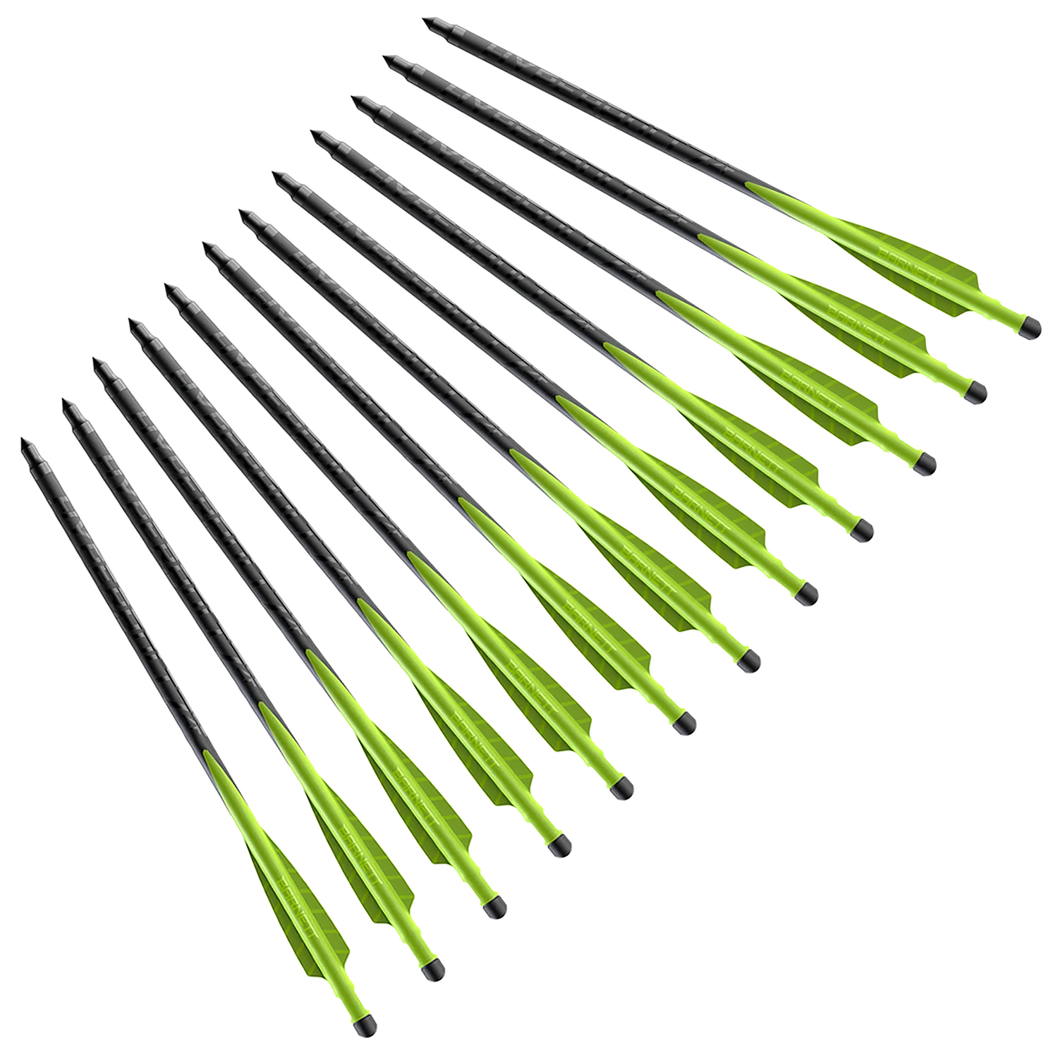 Set of black arrows with green fletching