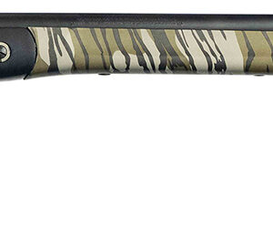 Camouflage bolt-action hunting rifle on white background
