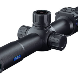 Black digital rifle scope with adjustment turrets