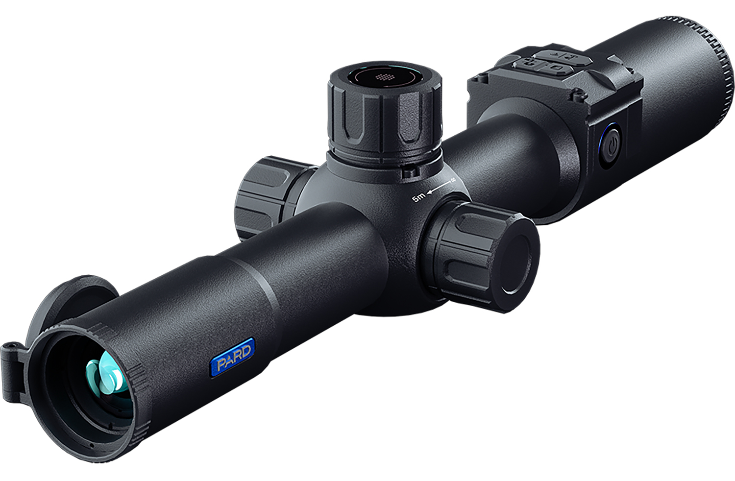 Black digital rifle scope with adjustment turrets