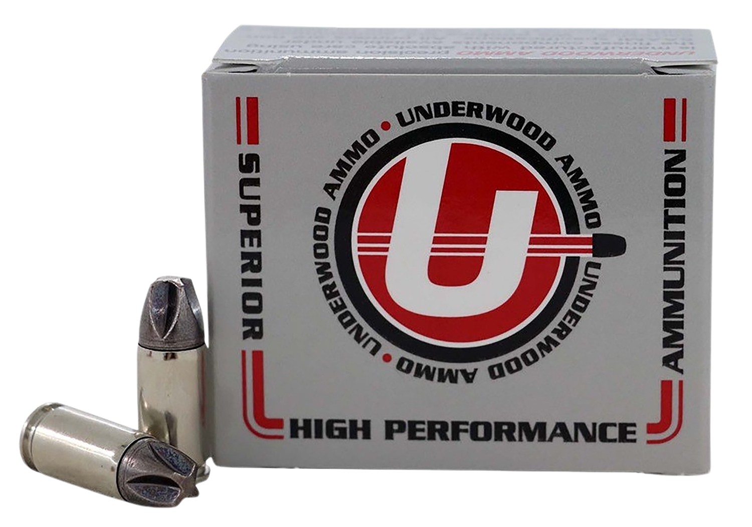 Box of Underwood high-performance ammunition with bullets.