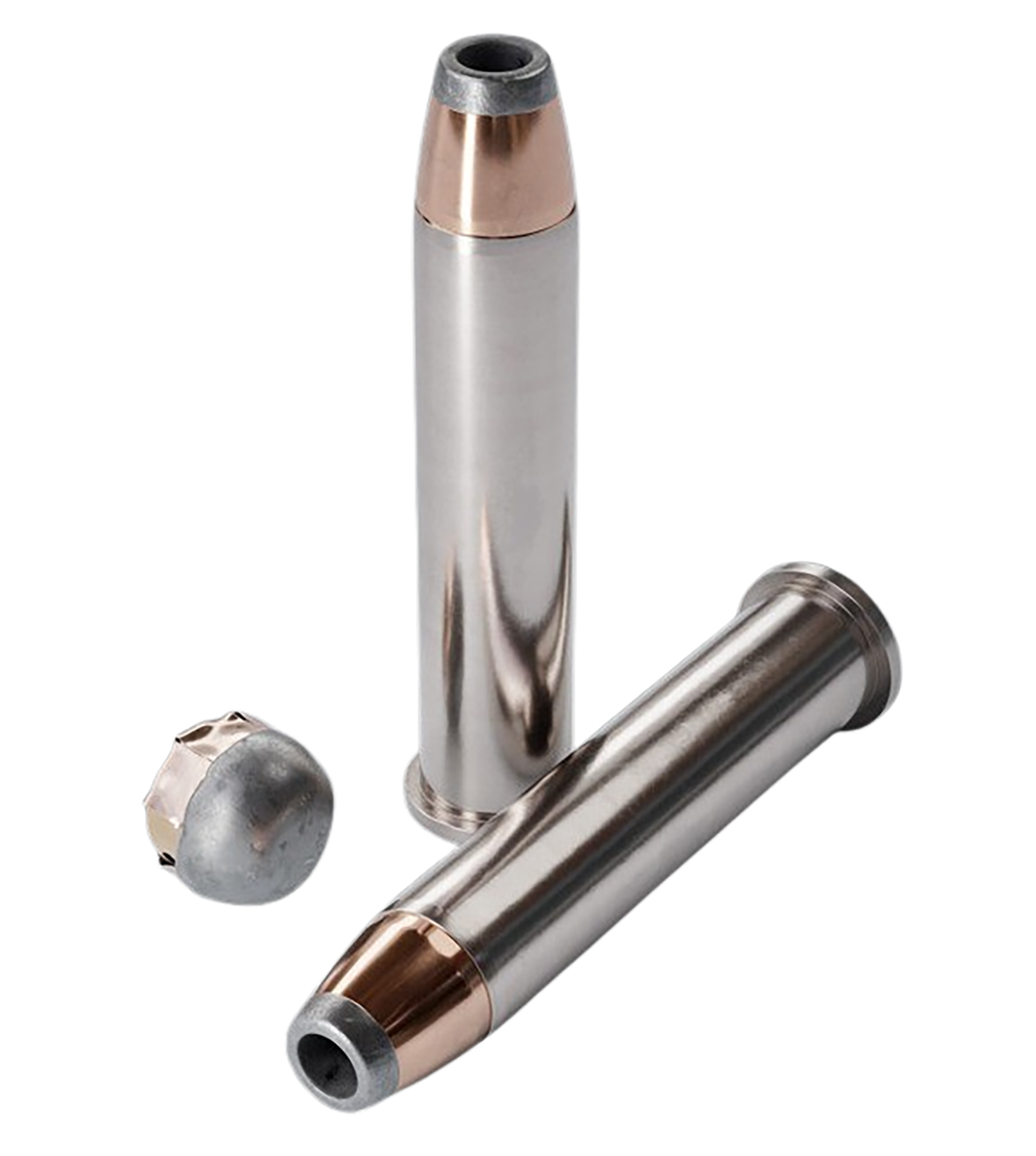 Large caliber handgun cartridges and hollow-point bullet