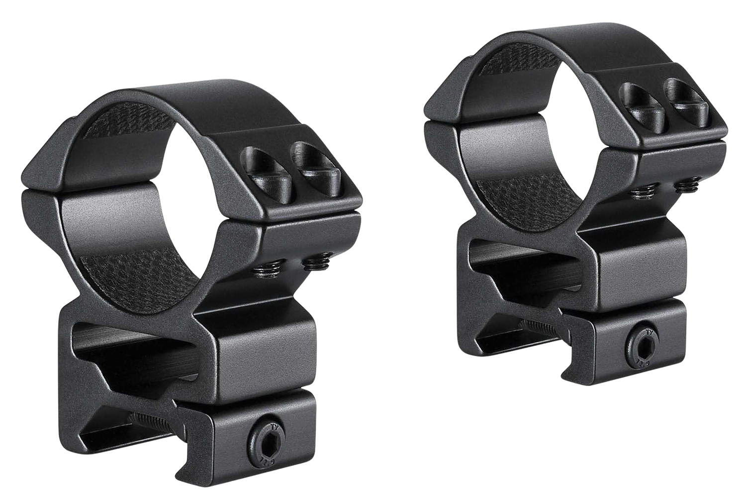 Two black rifle scope mounting rings