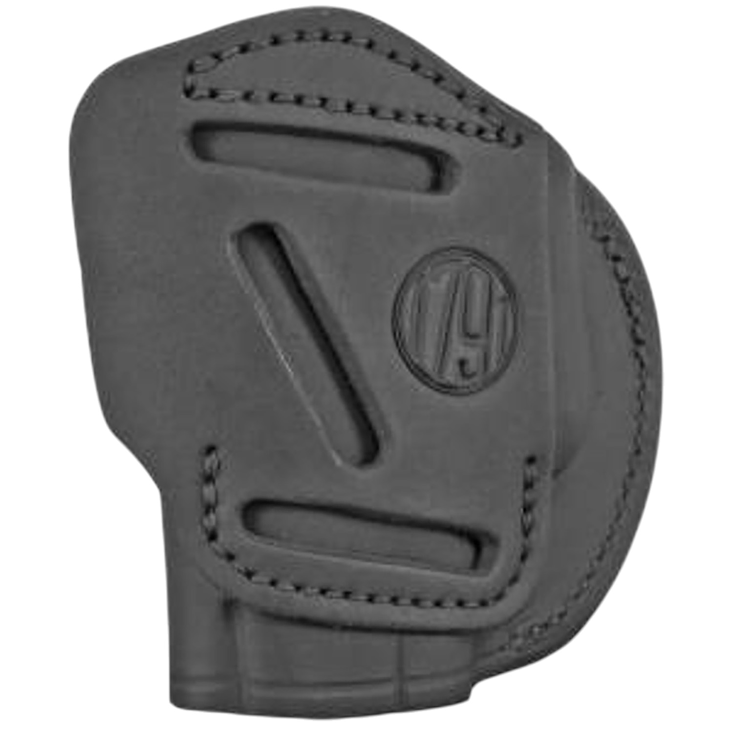 Black leather handgun holster with stitched detailing