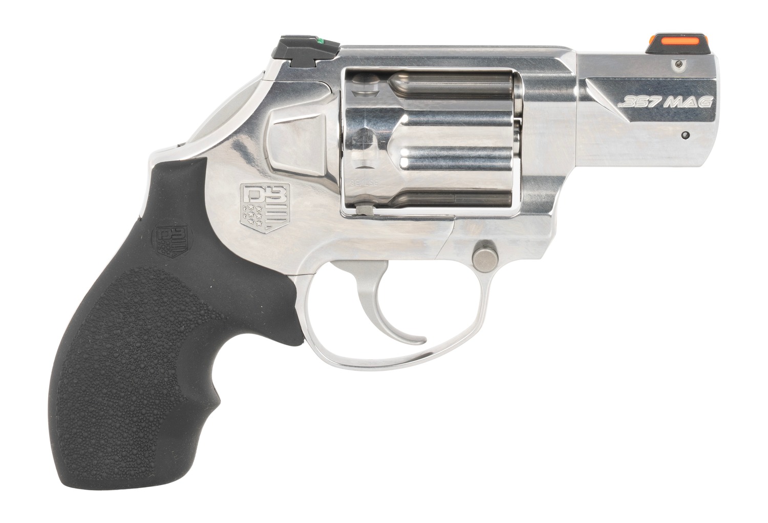 Stainless steel .357 Magnum revolver with black grip