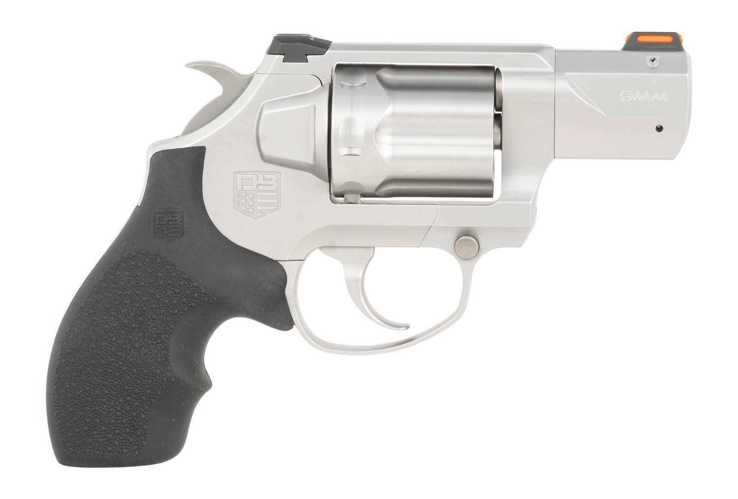Silver snub-nose revolver with black grip