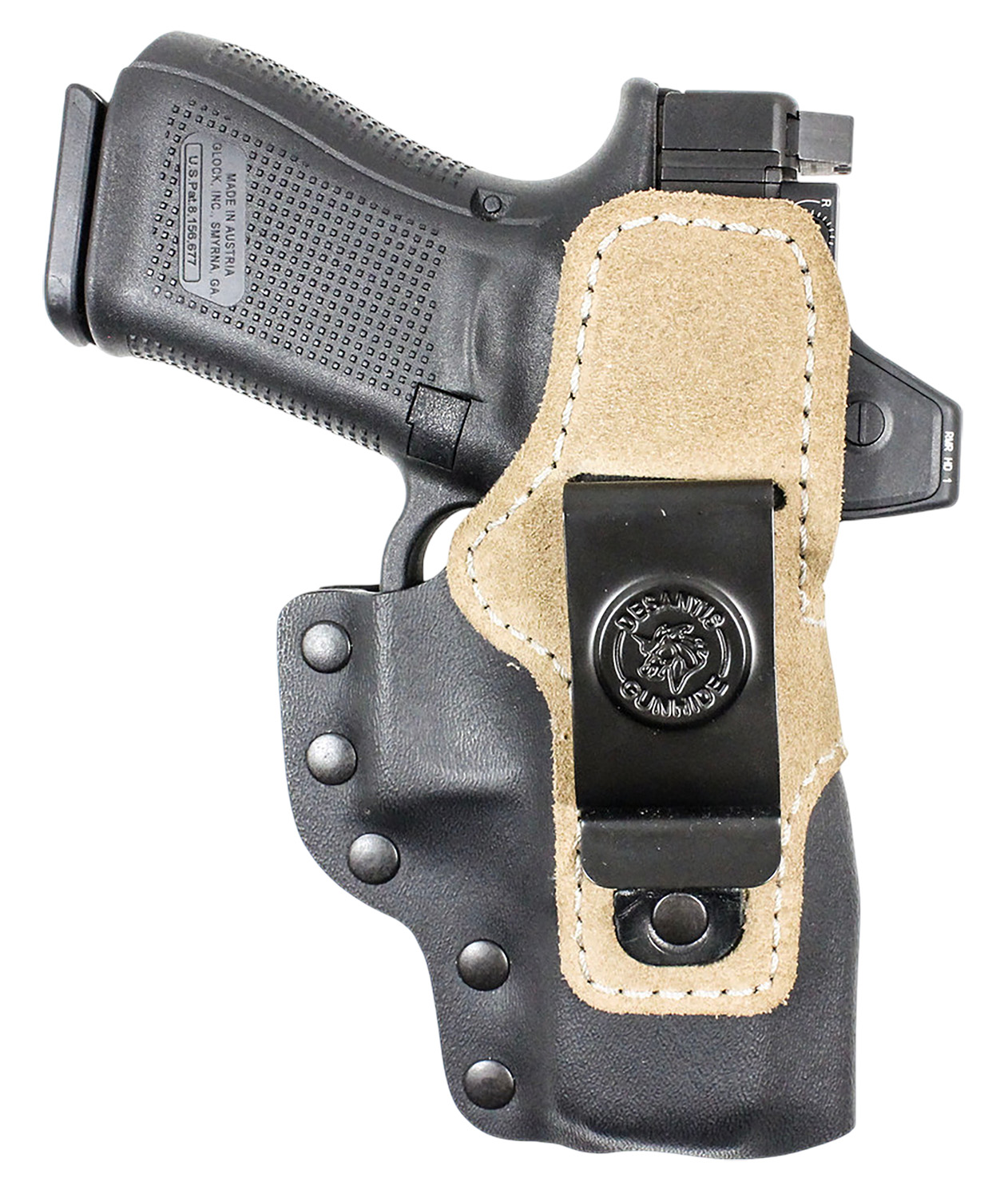 Handgun in black holster with belt clip