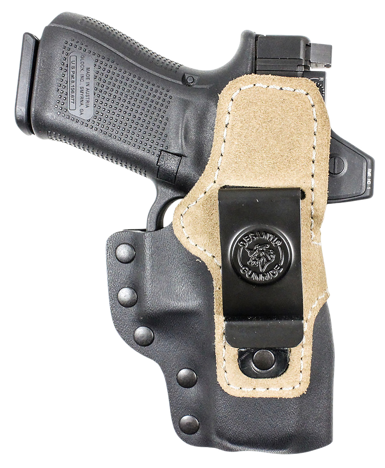 Handgun in leather and Kydex holster