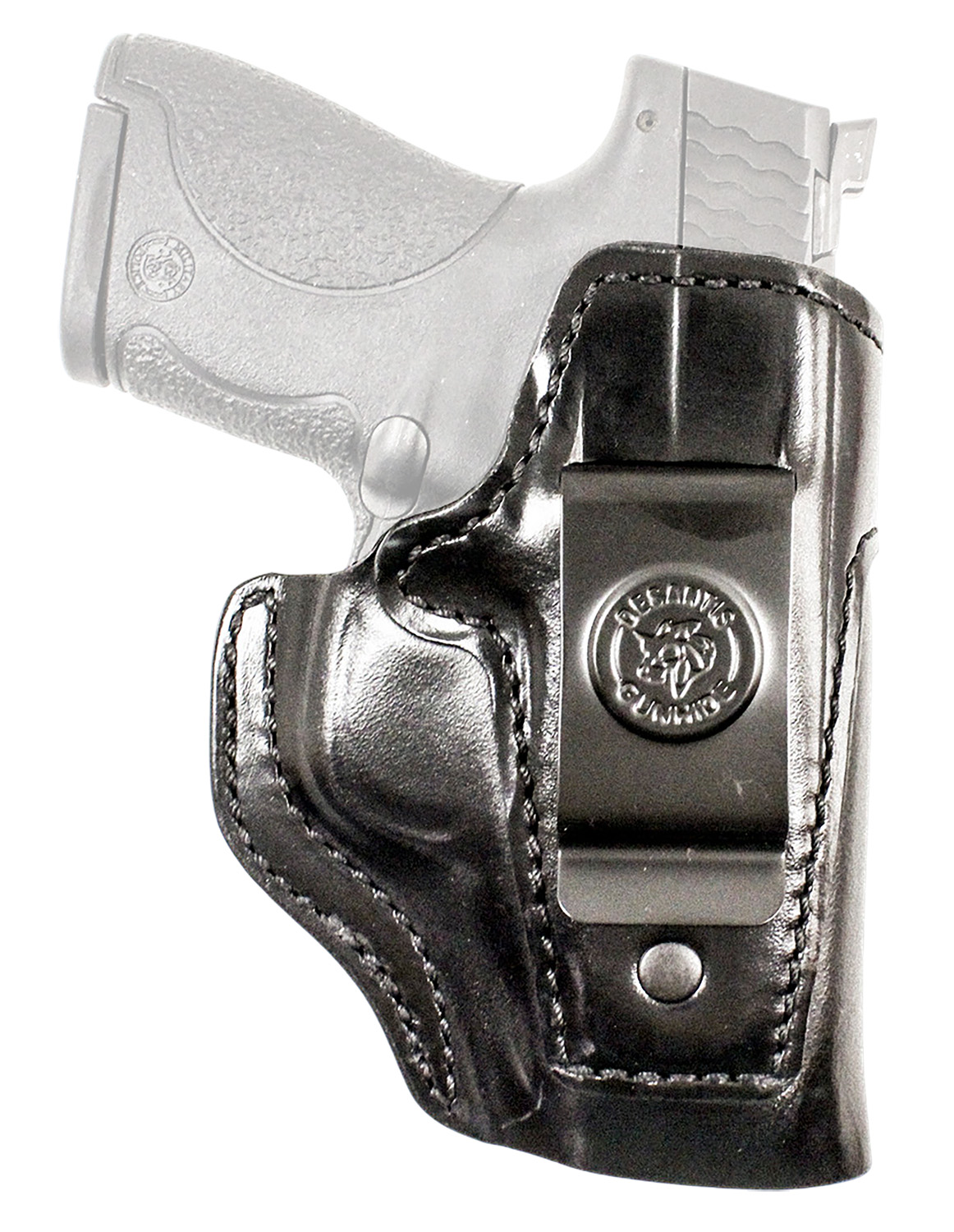 Handgun in black leather belt holster
