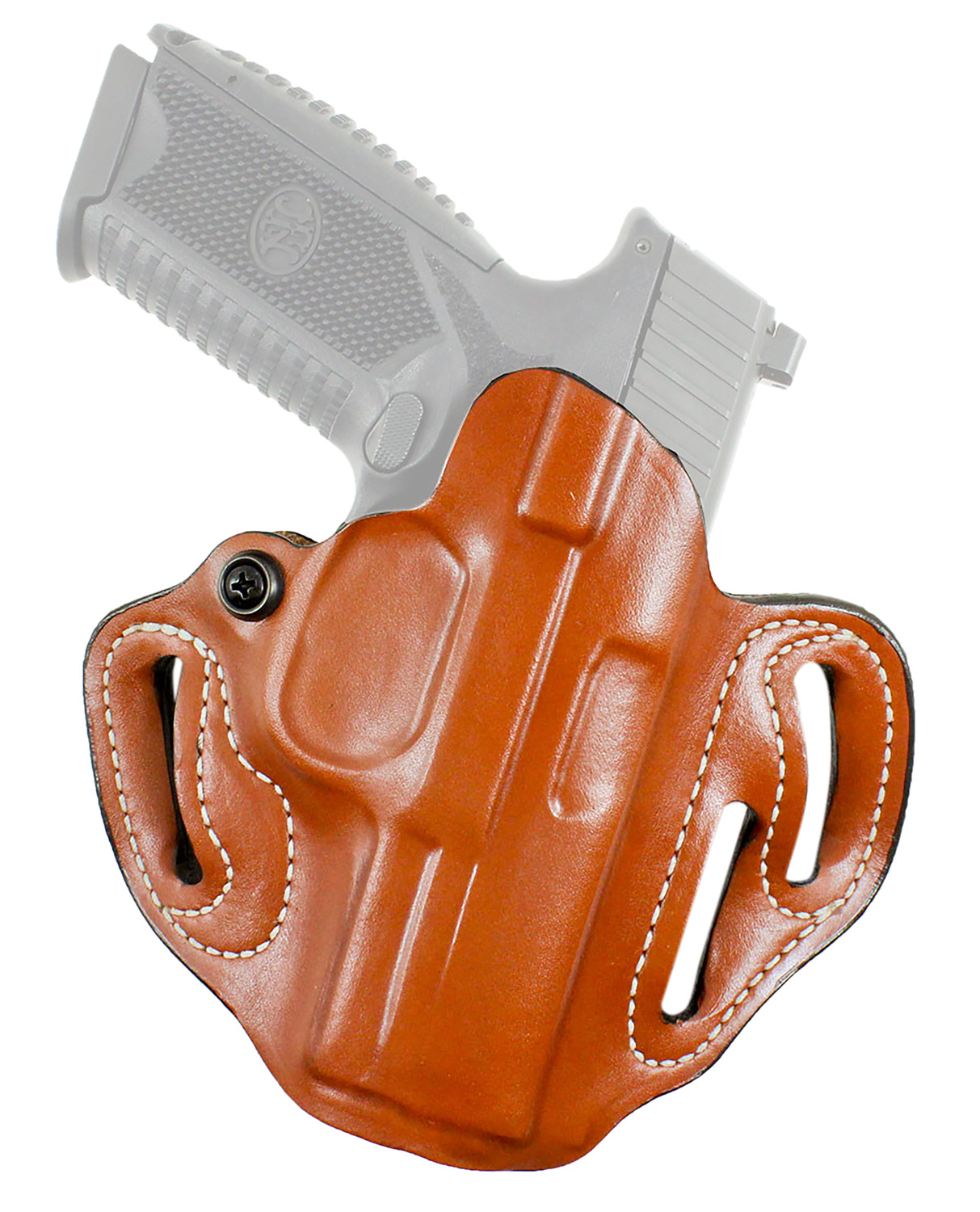 Handgun in brown leather belt holster