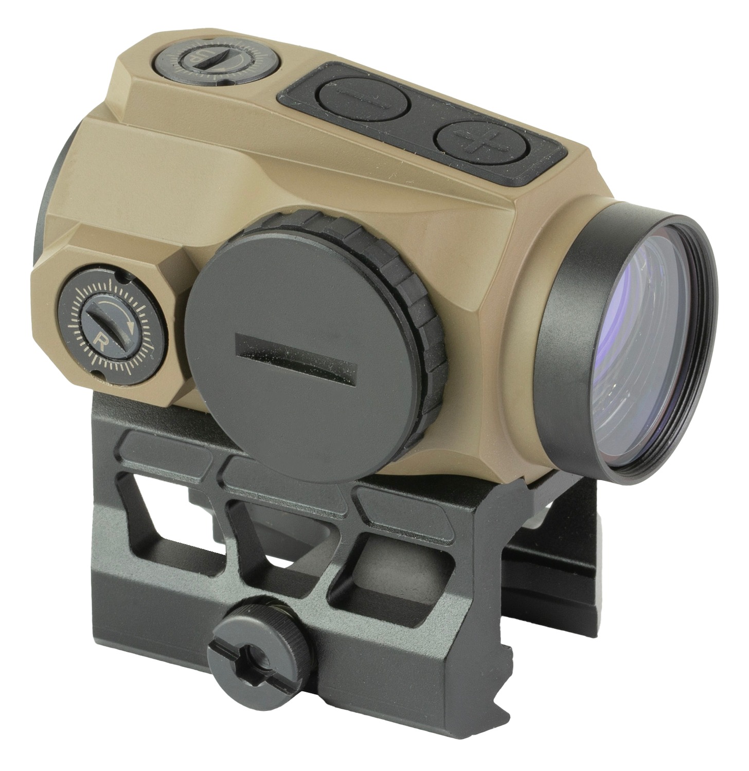 Tan red dot sight on black mount