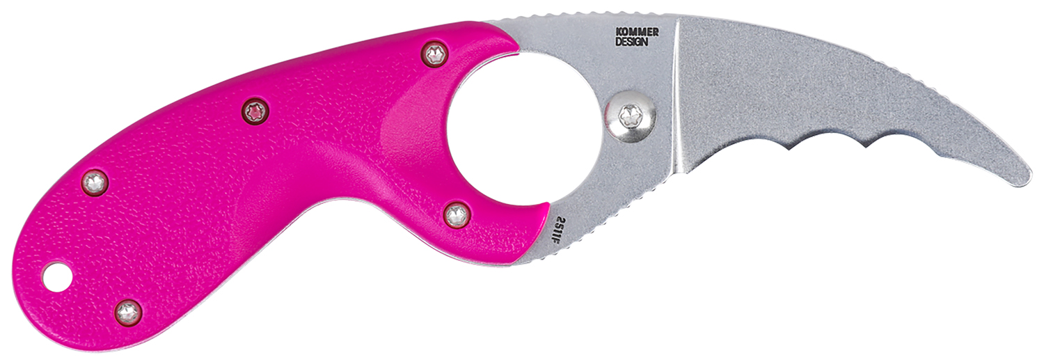 Pink handled curved karambit knife on white background