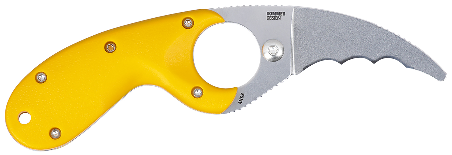 Yellow-handled curved serrated rescue knife
