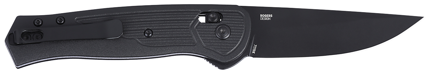 Black folding pocket knife on white background