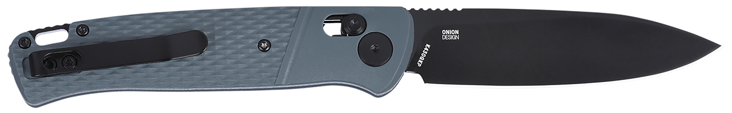 Gray folding pocket knife with black blade