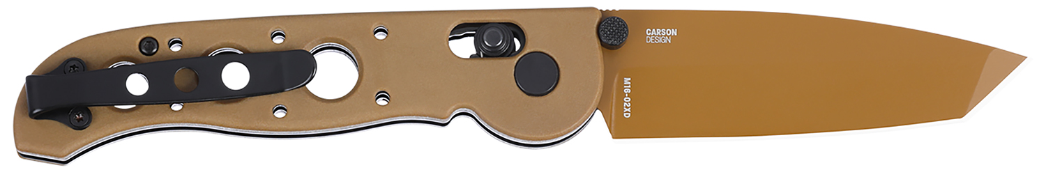 Tan folding knife with bronze blade and clip