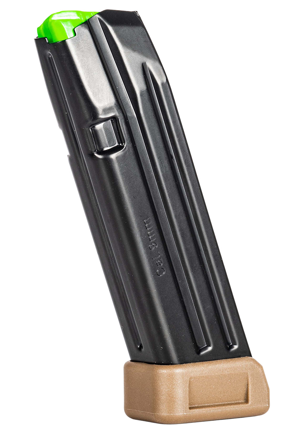 Black handgun magazine with green follower and tan base