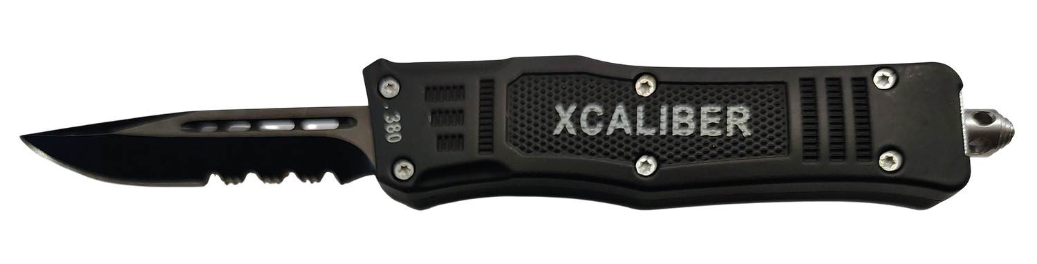 Black XCALIBER tactical folding knife with serrated blade