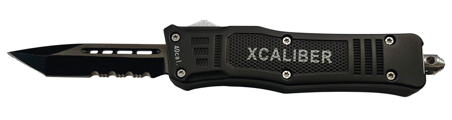 Black XCALIBER tactical OTF knife with serrated blade