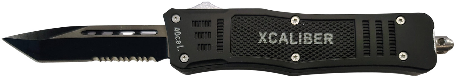 Black XCALIBER OTF serrated tactical knife
