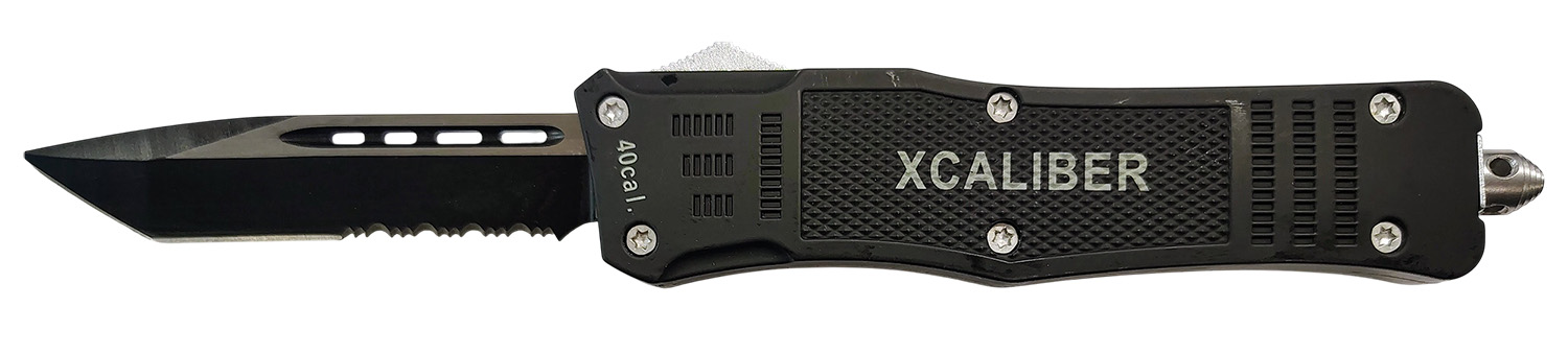 Black XCALIBER tactical folding knife with serrated blade