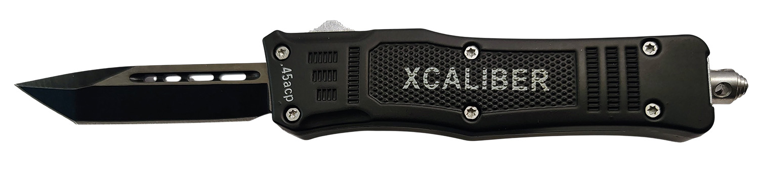 Black XCALIBER tactical knife with pointed blade