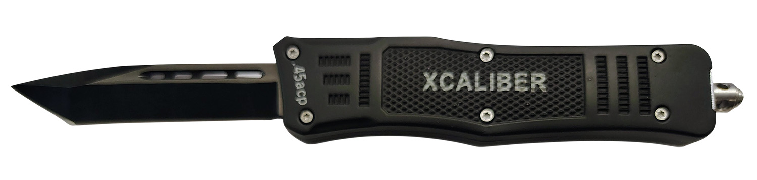 Black Xcaliber automatic knife with partially extended blade