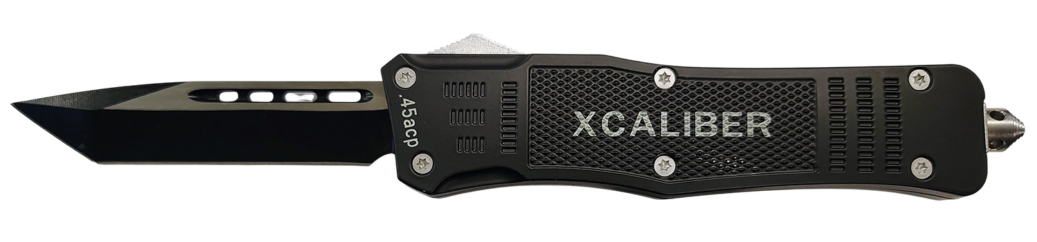 Black XCALIBER OTF tactical knife with glass breaker