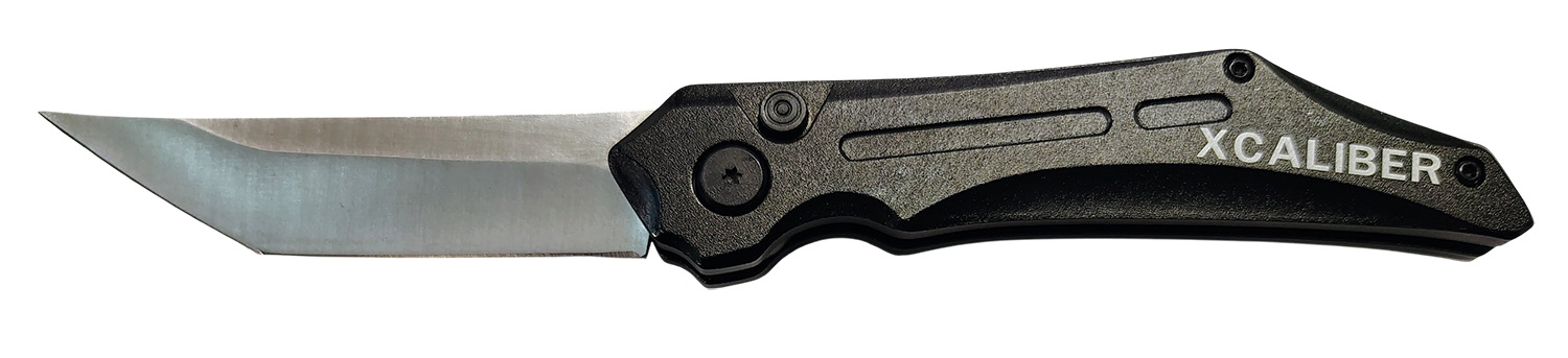 Black XCALIBER folding pocket knife with silver blade