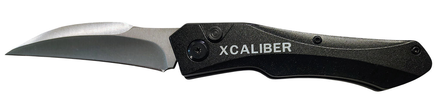Black XCALIBER folding knife with curved blade