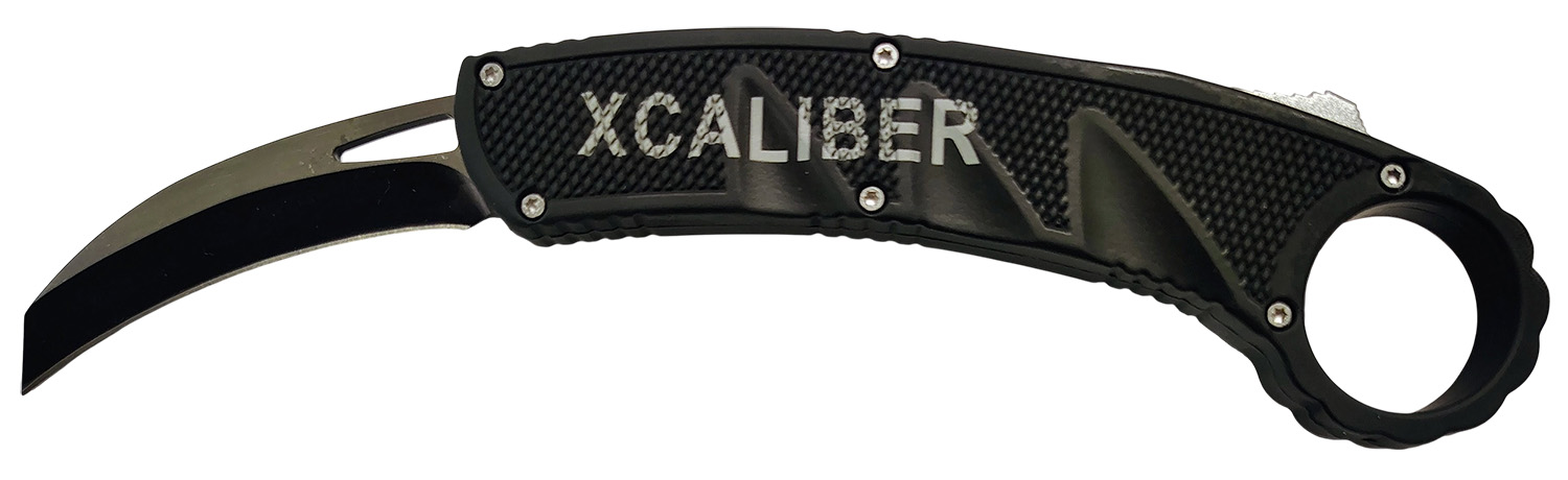 Black XCALIBER karambit knife with curved blade