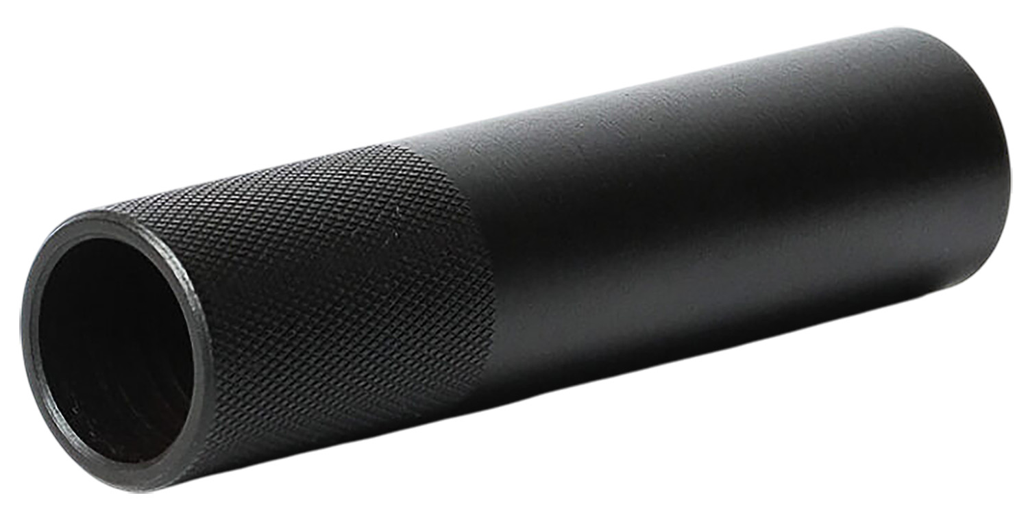Black cylindrical firearm suppressor on white background