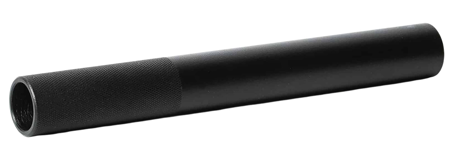 Black cylindrical firearm suppressor with textured grip