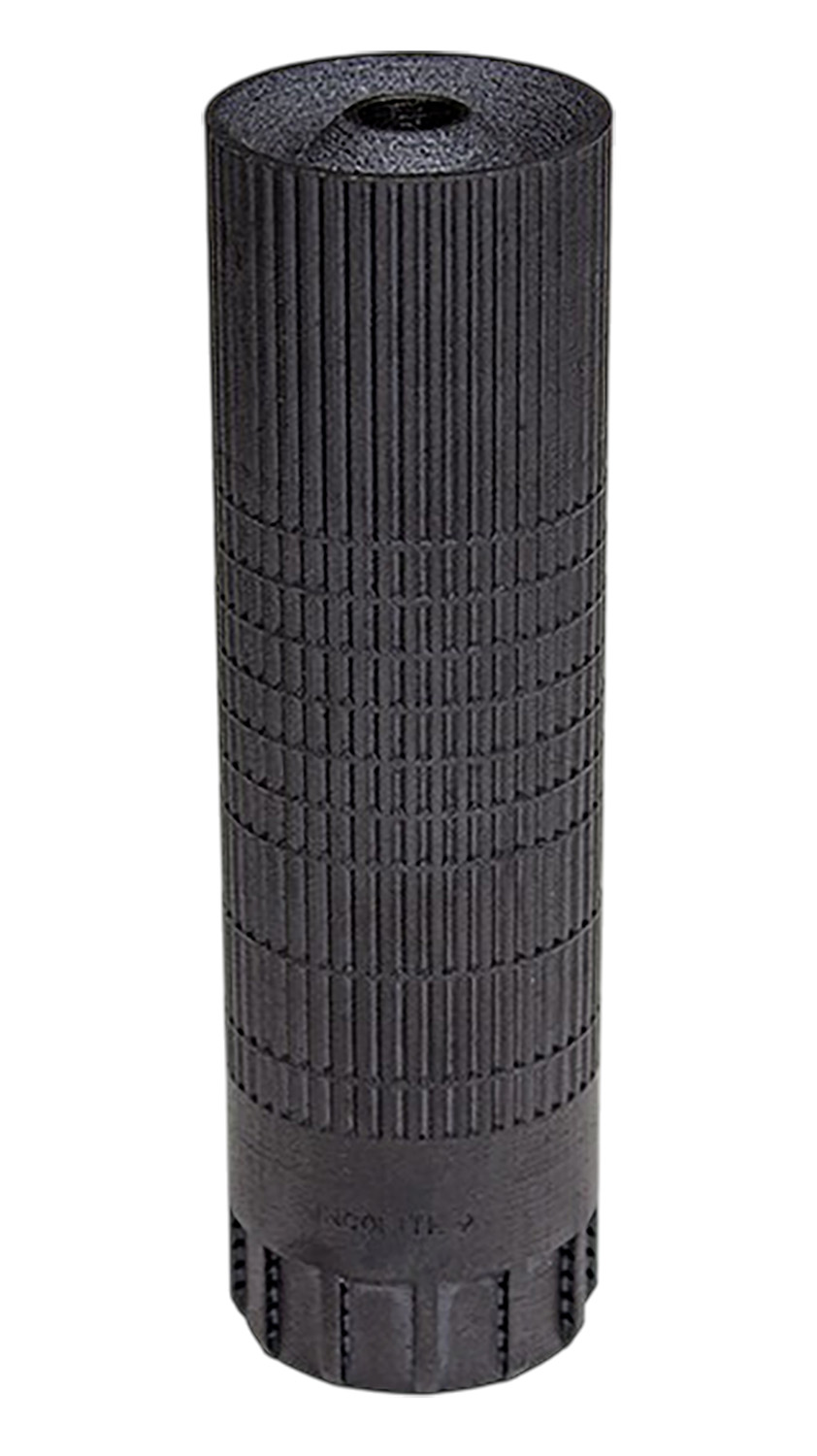 Black cylindrical firearm suppressor with textured grip