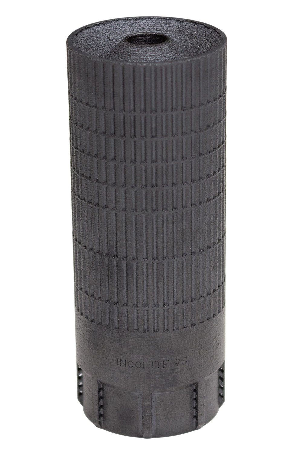 Black cylindrical metal suppressor with textured grip
