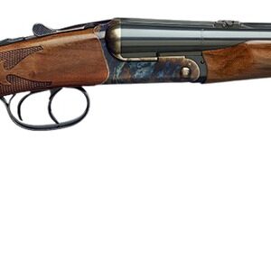 Double-barrel shotgun with wooden stock on white background